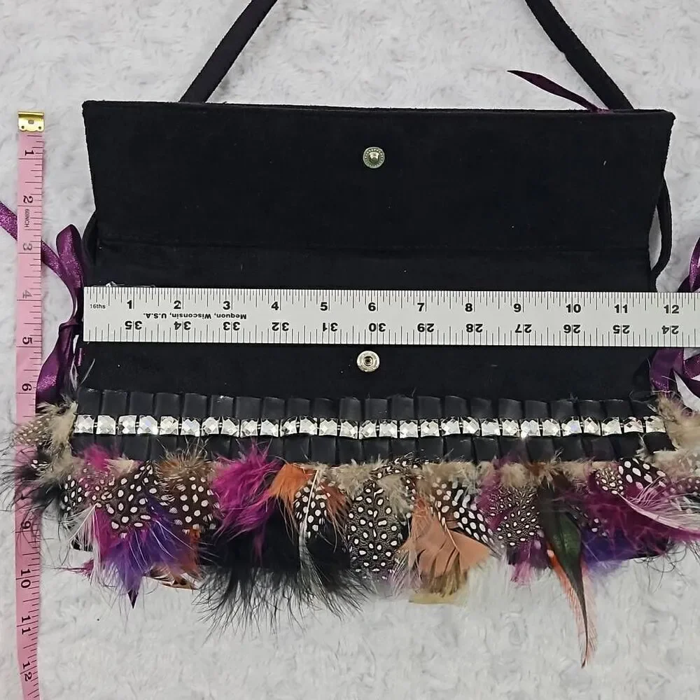 Rare Victorias Sceret Feathered Boho Style Black and silver velvet rivet Purse